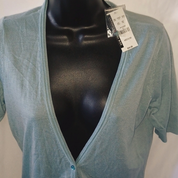 Sweater, short sleeve,  button front, v-neck, blue-green, NWT - Picture 2 of 6